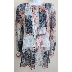 Loft Blue Pink Floral Pleated Bodice Button Up Top XS Lightweight Sheer Soft